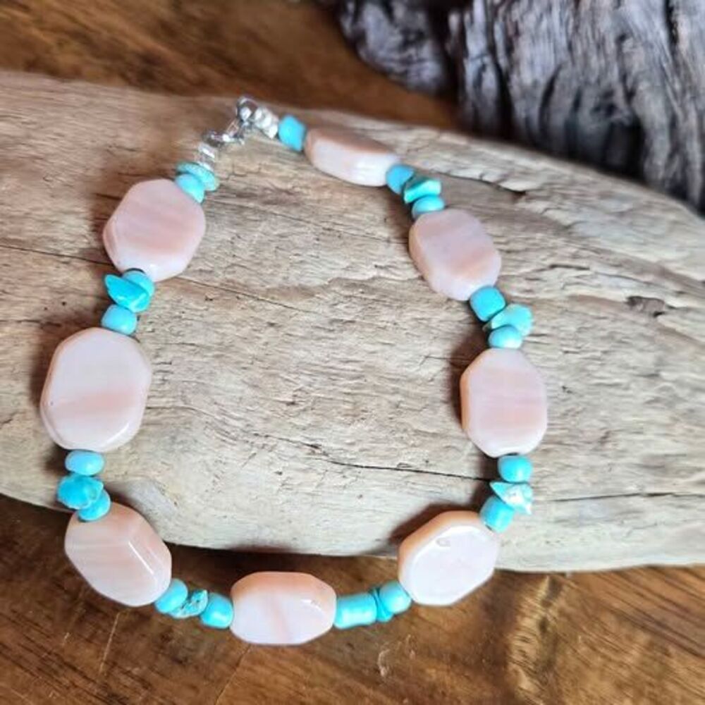 Pink Glass & Turquoise Chip Beaded Bracelet | 8.5 Inch Boho Bracelet
